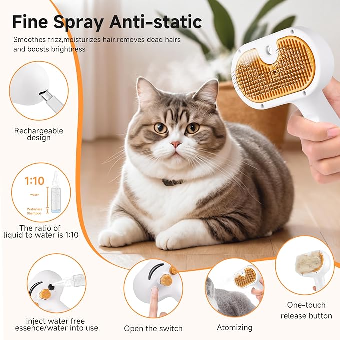 Pet Steam Brush Dog Cat 2025 New Grooming Comb for Shedding, Floating Hair, Smooth & Detangling, Gentle Cool Mist Softens Hair Reduces Static Helps Pets Who Dislike Bathing