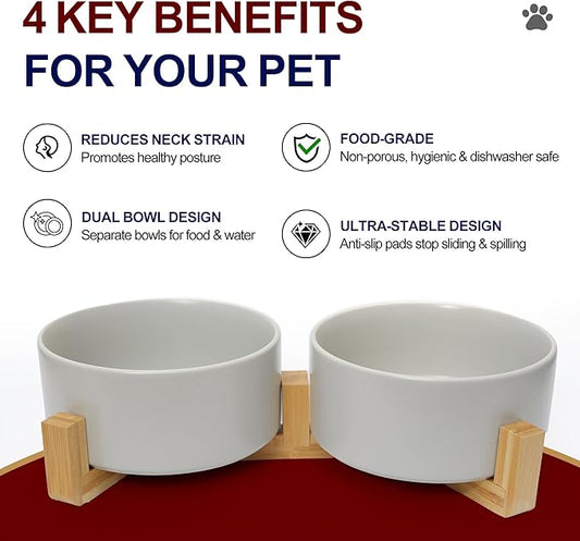 OniAnt Dog Food Bowl, 28.7 oz Ceramic Food and Water Bowls for Dogs, Pet Dishes Set with Wood Stand, for Small Size Dog and Cat, No Spill Feeding Station with Weighted Base, Grey