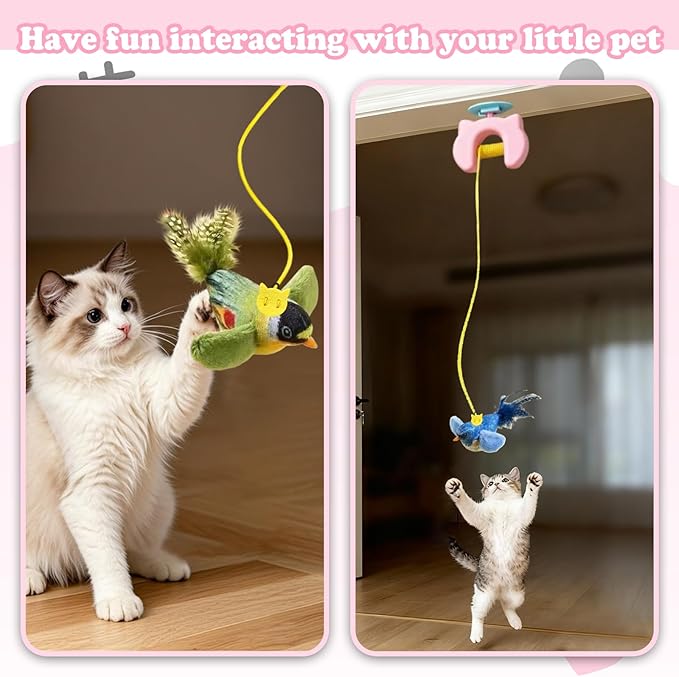 Dinochez Interactive Cat Toys for Indoor Cats, Chirping Bird Cats Feather Toys, Automatic Hanging Door Frame Chase/Hunt/Exercise Stimulate Feather Cat Toy for Bored Indoor Adult & Kitten