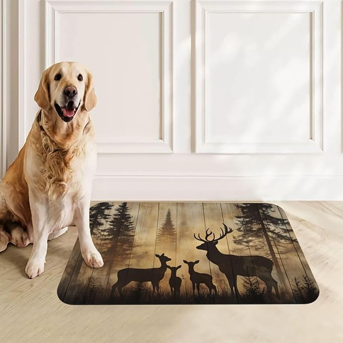 Rustic Woodland Deer Dog & Cat Food Mat for Floors Waterproof,Quick Dry Anti-Slip Bowl Mats for Food and Water,Pet Feeding Mats,Pet Placemat for Messy Drinkers to Protect Floors,Supplies 23.62×15.75in