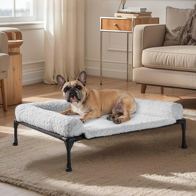 Veehoo Orthopedic Elevated Dog Bed Add Removable Deluxe Rose Plush Bolster Cushion Mat, 35" x 22" Washable Dog Couch Bed, Raised Pet Cot with Breathable Teslin Mesh, No-Slip Feet, Grey, CWC2439B