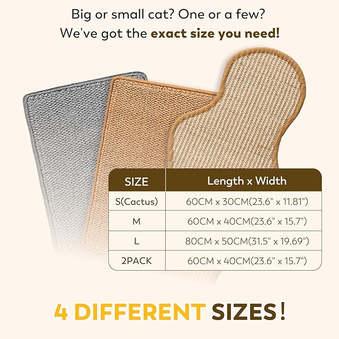 Cat Scratcher Mat with Sticky Tapes, 23.6" x 15.7" Sisal Cat Scratching Carpet for Indoor Cats, Horizontal Cat Scratcher for Cat House, Scratching Posts, and Couch Protection(Camel)