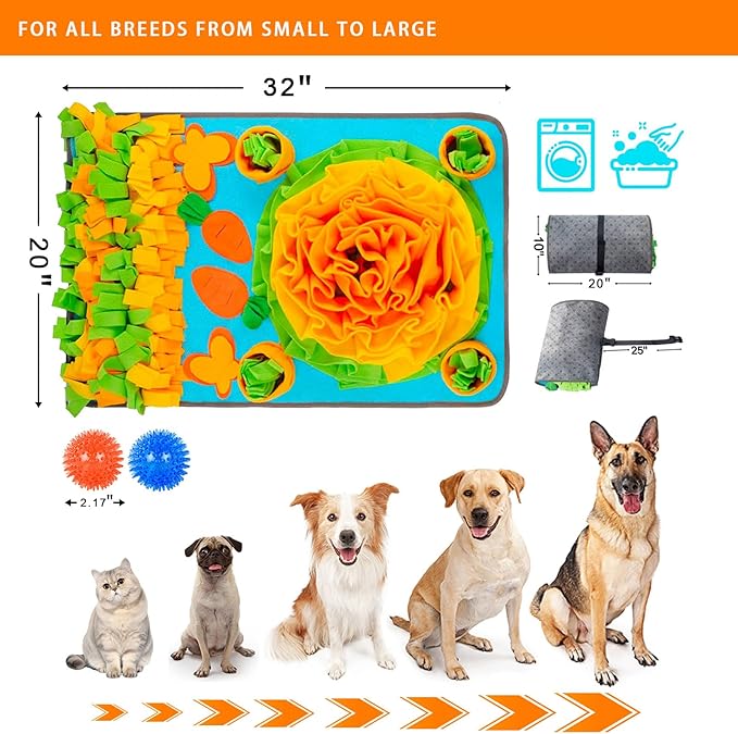 KVEXLIM Snuffle Mat for Dogs - Interactive Dog Feeding Mat with Squeaky Center & 2 Spikey Balls | Mental Enrichment Toy for Small, Medium, Large Dogs | Slow Feeder, Machine Washable, Non-Slip Base