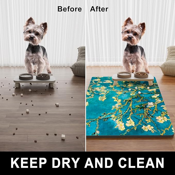 Dog Food Mat, 16" x 24" Flower Absorbent Dog Cat Bowl Mat for Food and Water, Cute Anti-Slip Rubber Pet Feeding Rug Protect Floors, Placemat for Feeding & Watering Supplies, Green