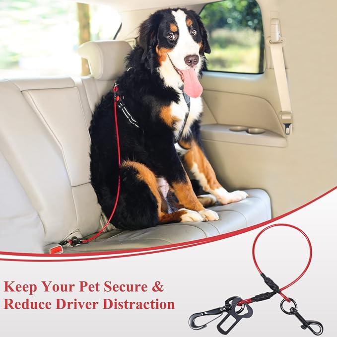 VIVAGLORY Dog Seat Belt Tuffbelt Dog Car Harness, Seatbelt with Clip & Hook for Car Travel, Chew Proof Anti Chew Unchewable Metal Safety Tether Restraint, M, Red
