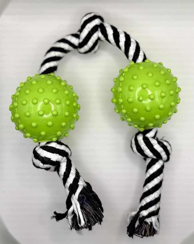 DOGGIE HUSH Pet Rope Chew Toy with Textured Rubber Balls, Black and White Braided Rope, Lime Green Spiky Balls, Dog Interactive Training Toy