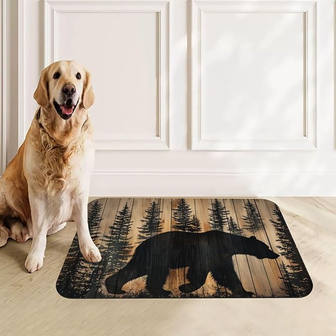 Rustic Bear Forest Dog & Cat Food Mat for Floors Waterproof,Quick Dry Anti-Slip Bowl Mats for Food and Water,Pet Feeding Mats,Pet Placemat for Messy Drinkers to Protect Floors,Supplies 23.62×15.75in