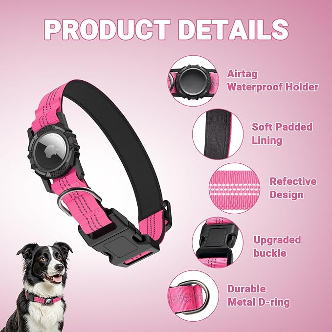 AirTag Dog Collar, IP68 Waterproof Integrated Air Tag Dog Collars with Reflective, Ultra-Durable, Comfortable Padded, Heavy Duty Dog Collars for Small Medium Large Dogs, M (12.6"-17.1"), Pink