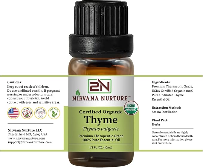 Nirvana Nurture Thyme Essential Oil USDA Certified Organic, 100% Pure Natural Premium Grade, Undiluted