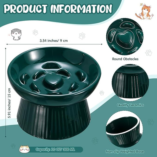 Tioncy 1 Pcs Raised Cat Slow Feeder Bowl Ceramic Elevated Cat Dog Food Bowl No Spill High Edge for Dry Wet Food and Water Easy to Clean, Dishwasher Safe (Dark Green)
