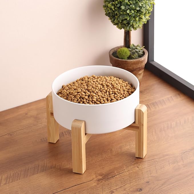 White Elevated Dog Bowl Ceramic for Small Medium Sized Breed,Raised Dog Food Water Bowl with Stand,6 in 3.6 Cups Non Slip Pet Dish Heavy Weighted