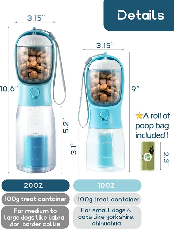 MoonyMars Portable Water Bottle for Dogs, 3 in 1 Pet Travel Bowl Dispenser with Food Treat Container & Poop Bag Holder, Summer Walking Hiking Accessories for Large Dog On The Go - Purple, 20oz