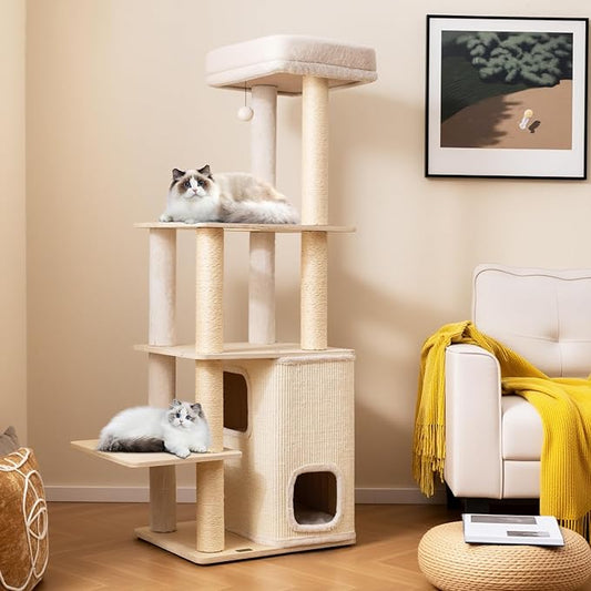 PETSITE 63 Inches Wooden Cat Tree, Multi-Level Modern Cat Tree with Sisal Scratching Posts, Two-Story Condo Covered with Sisal Exterior, Dangling Ball, Large Top Perch, and Playful Hole