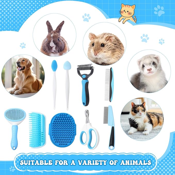 Cats Grooming Kit - 10 Pcs Pet Self Cleaning Kit for Indoor Long Hair Cats Include Brush Bath Brush Needle Comb Toothbrush Nail Clipper Nail Trimmer for Shedding Supplies