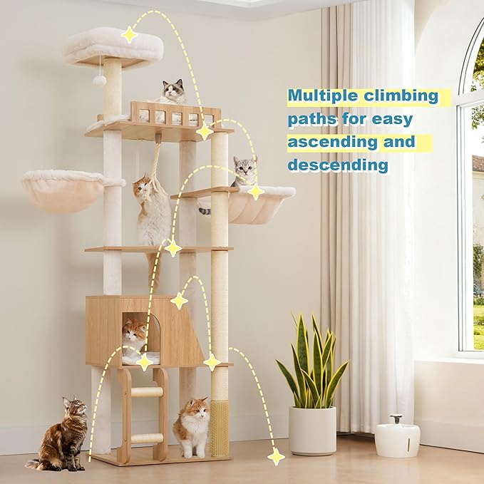 Hey-brother Wooden Cat Tree, 69.7 inch Cats Furniture Tower with Large Platforms, Hammocks, Spacious Condo, Full Sisal Scratching Posts, Ladder, Brush, Water Proof Surface, White Oak MPJ120BT
