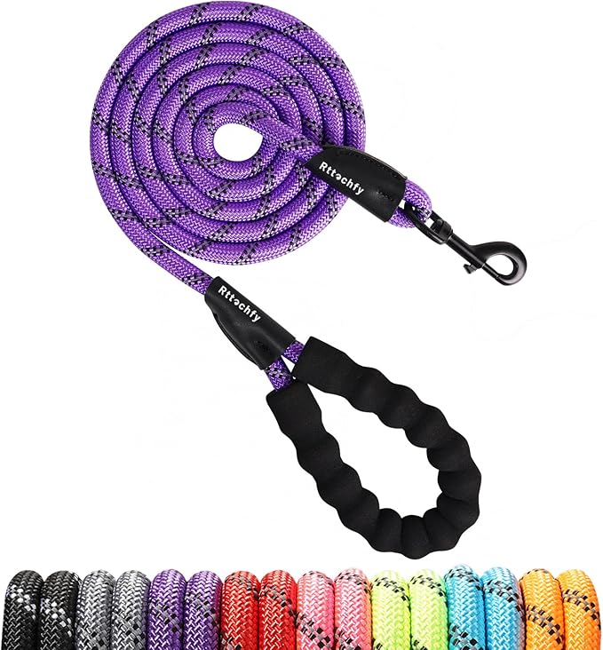 Rttochfy Rope Dog Leash 2/4/5/6/8/10 FT with Comfortable Padded Handle and Highly Reflective Threads for Small Medium and Large Dogs Heavy Duty (1/2"-4 FT, Purple)