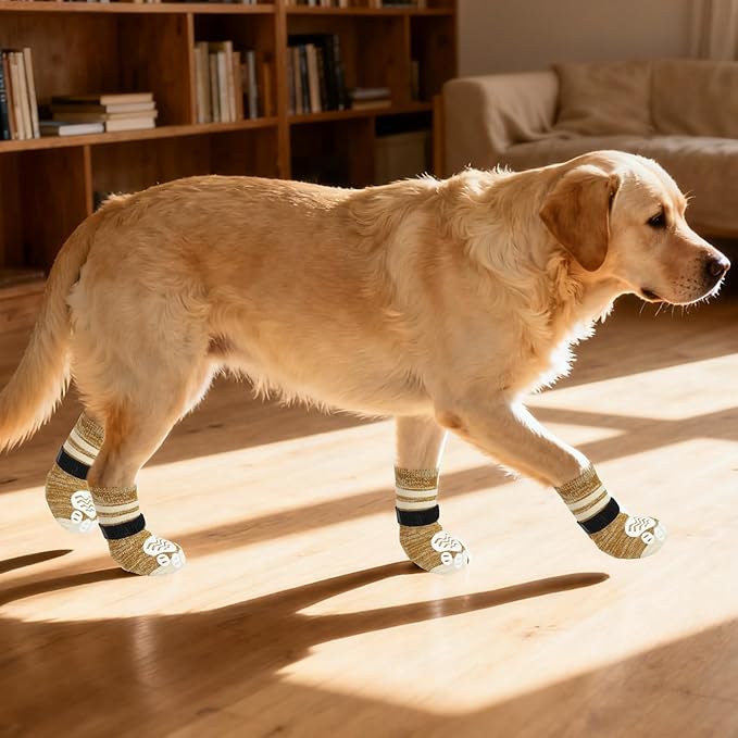 PUPTECK Anti-Slip Dog Socks with Double Sides Grips Booties, Traction on Hardwood Floors to Prevent Licking Paws, Dog Shoes for Cold Hot Pavement, for Medium Large Senior Dogs, Khaki M