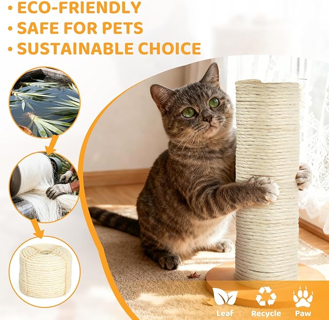 Natural Sisal Rope for Cat Scratcher Tree Thick 5-mm 1/5 Inch by 150 Feet, Cat Tower Climbing Twine for Cat Scratching Post Replacement, Scratch Post Repairing, Replace, Recovering and DIY, White