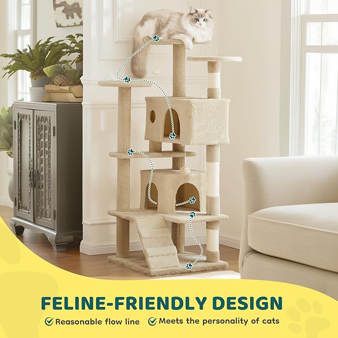 Cat Tree 54 Inch, Multi-Level Cat Tower with Condo, Perches, Sisal Scratching Posts and Climbing Ladder, Pet Play Toy Balls House for Indoor Cats