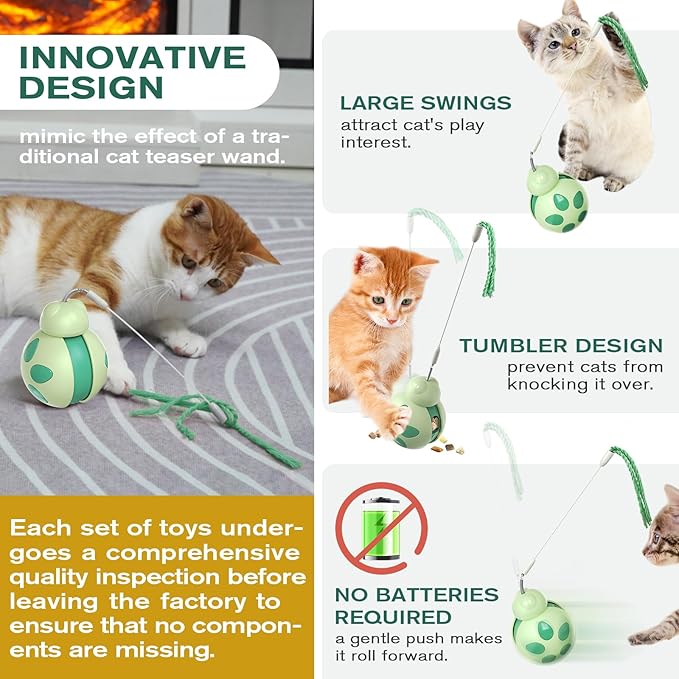 Interactive Cat Treat Toys,Rolling Ball Shape with Teaser Wand on Top,Treat Dispense for Slow Feed and Healthy Diet,Funny Exercise,Safe Play Pet Toy Indoor for Bored Kittens&Adults Cats