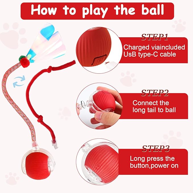 FurryJoy 2PCS Interactive Cat Toys Smart Ball for Cats and Dogs, 360° Automatic Rolling Chase, 2 Rapid-Action Tails, Designed for Indoor pet Exercise, Boredom Relief, and Fun Chase Play.(Red&Blue)