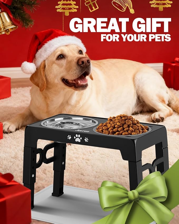 Elevated Dog Bowls, Dog Feeder with Stainless Steel Dishes & Slow Feeder Bowl, 5 Heights Adjustable Raised Stand for Medium Large, Food Dishes with Non-Slip Feet