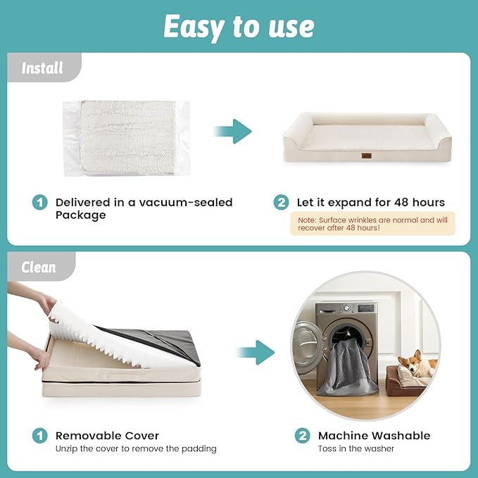 Dog Beds for Extra Large Dog, XXL Bolster Pet Couch with Waterproof Lining, Egg Crate Foam Sofa for Pets Up to 150 lbs, U-Shaped, 48x35x8 inch, Beige