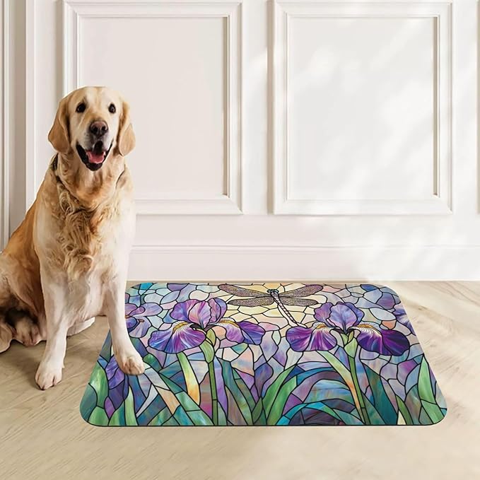 Stained Glass Floral Dragonfly Dog & Cat Food Mat for Floors Waterproof,Quick Dry Anti-Slip Bowl Mats for Food and Water,Pet Feeding Mats,Pet Placemat for Messy Drinkers to Protect Floor 17.72×11.81in