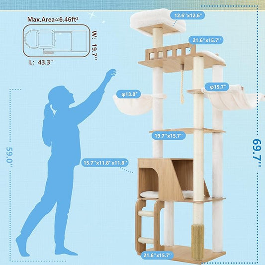 Hey-brother Wooden Cat Tree, 69.7 inch Cats Furniture Tower with Large Platforms, Hammocks, Spacious Condo, Full Sisal Scratching Posts, Ladder, Brush, Water Proof Surface, White Oak MPJ120BT