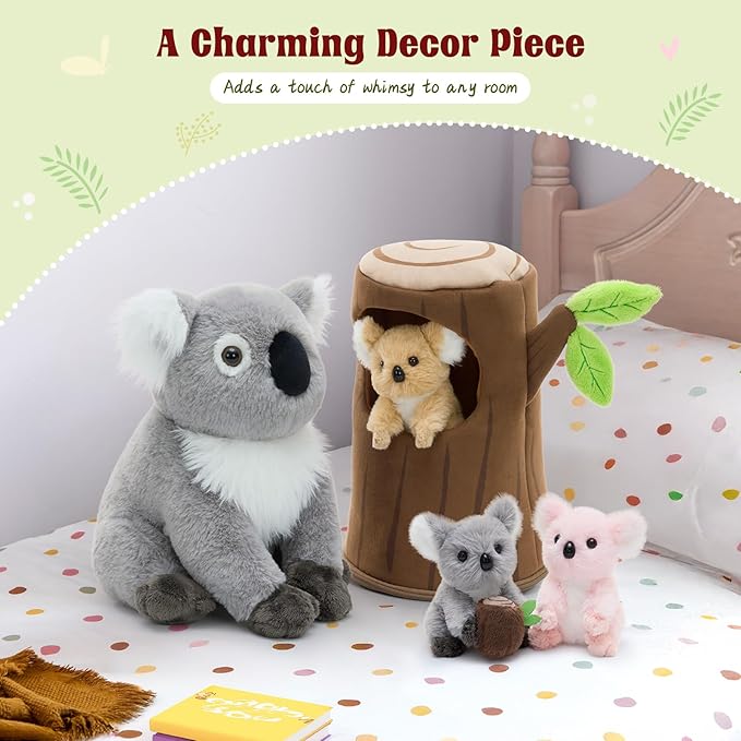 MaoGoLan 5pcs Koala Stuffed Animal, 11.8 Inch Large Mommy Stuffed Koala Plush with 3 Babies & Treehouse, Cute Realistic Stuffed Animals, Gift for Kids Boys Girls