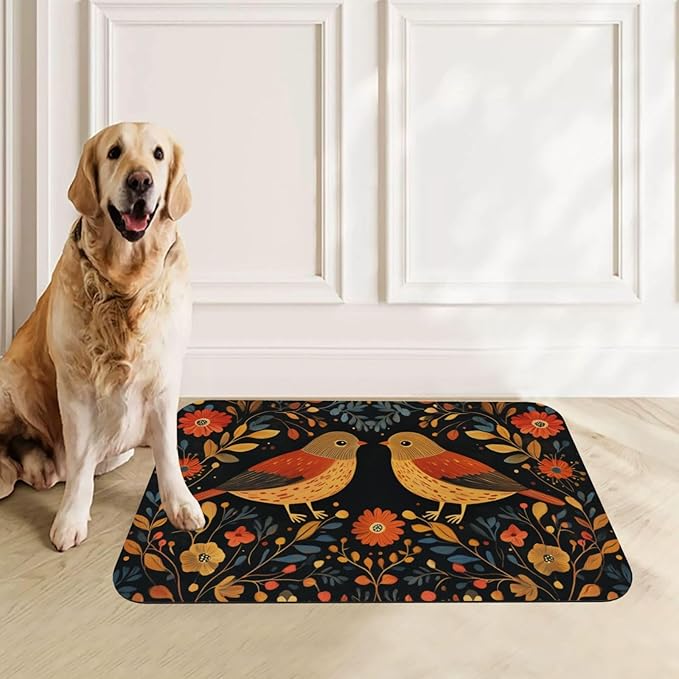 Botanical Bird Flower Dog & Cat Food Mat for Floors Waterproof,Quick Dry Anti-Slip Bowl Mats for Food and Water,Pet Feeding Mats,Pet Placemat for Messy Drinkers to Protect Floors 17.72×11.81in