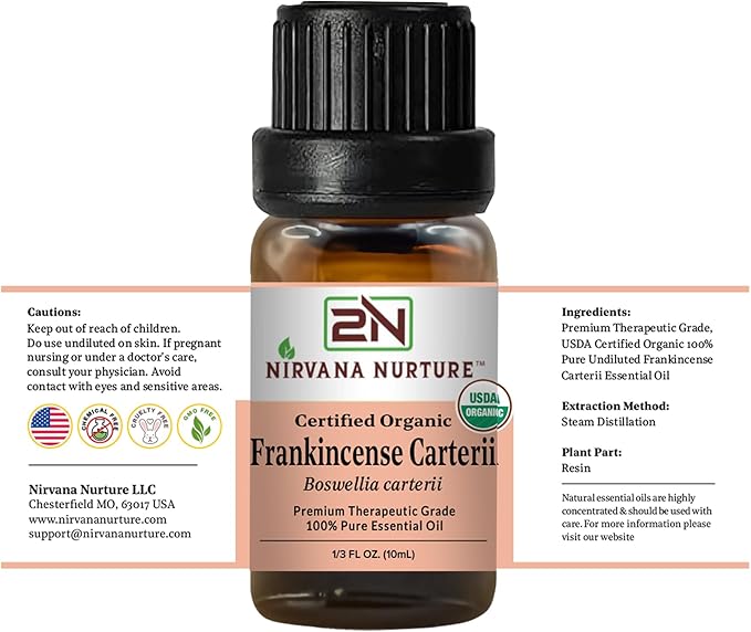 Nirvana Nurture Frankincense Carterii Essential Oil USDA Certified Organic, 100% Pure Natural Premium Grade, Undiluted