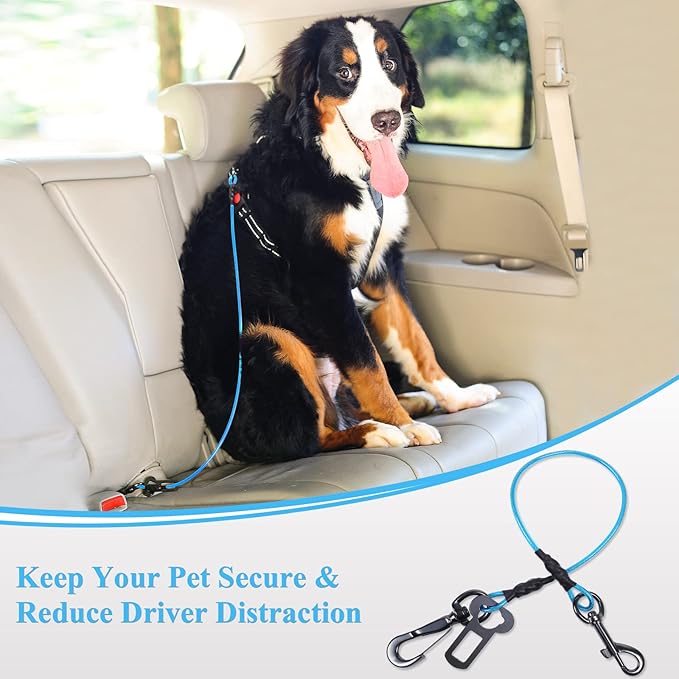 VIVAGLORY Dog Seat Belt Tuffbelt Dog Car Harness, Seatbelt with Clip & Hook for Car Travel, Chew Proof Anti Chew Unchewable Metal Safety Tether Restraint, L, Blue