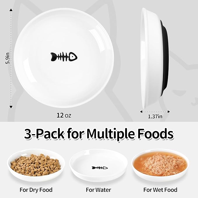 Cat Food Bowls, Whisker Friendly Ceramic Cats Bowls with Nonslip Silicone Base, Pack of 3 Quiet Dishes and Plates for Feeding Indoor Cats, Kittens and Small Dogs(Fishbone,Deeper)