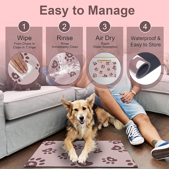 BLESWIN Pet Feeding Mat 17"x28", Absorbent Pet Food Mat, Dog Food Mat Large, Rubber Dog Mats are Non-Slip and Waterproof to Protect Floors, Mat for Cat Food and Water Bowls, Cat Feeding Mat, Pink