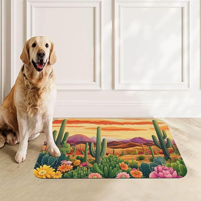 Desert Cactus Sunset Dog & Cat Food Mat for Floors Waterproof,Quick Dry Anti-Slip Bowl Mats for Food and Water,Pet Feeding Mats,Pet Placemat for Messy Drinkers to Protect Floors,Supplies 23.62×15.75in
