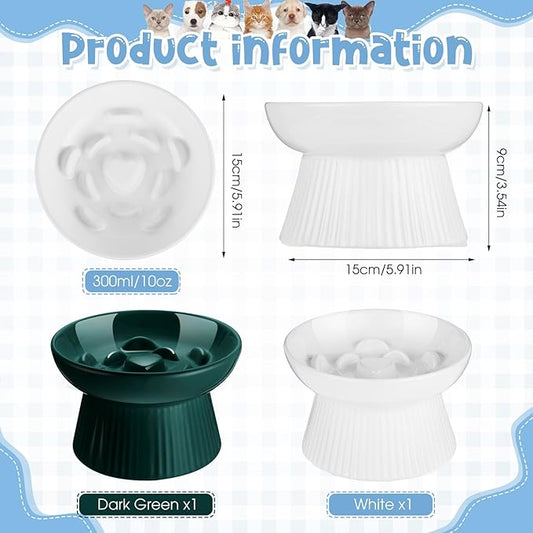 Tioncy 2 Pcs Raised Cat Slow Feeder Bowl Ceramic Elevated Cat Dog Food Bowl No Spill High Edge for Dry Wet Food and Water Easy to Clean, Dishwasher Safe (Dark Green,White)