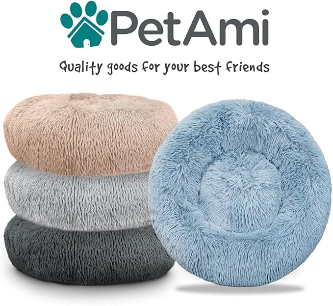 PetAmi Calming Dog Bed for Small Medium Dog Cat, Round Donut Washable, Fluffy Faux Fur Plush Cuddler Pet Kitten Cushion, Anti-Slip, Fits up to 25 lbs, 23 inch, Dusty Blue