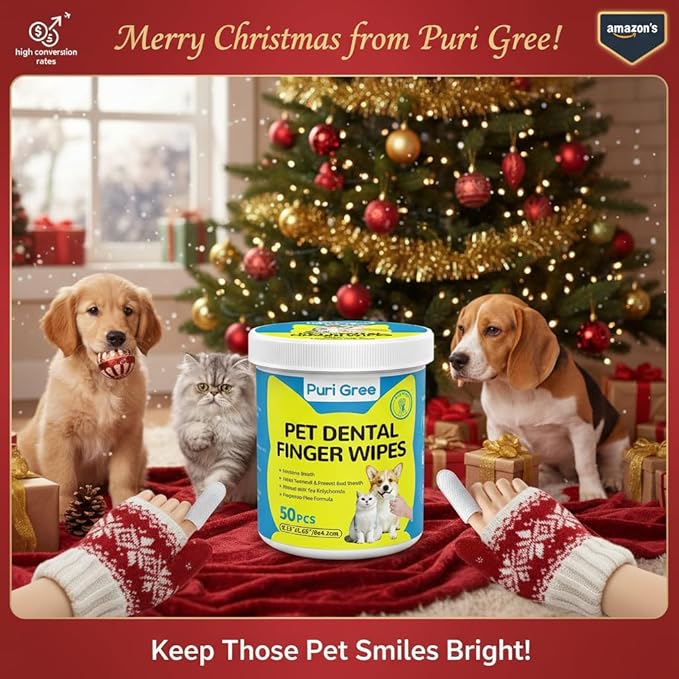 Teeth Cleaning Wipes for Dogs & Cats, Dog Dental Care Finger Wipes, PURIGREE Dog Tooth Brushing Kit, Reduces Plaque,Disposable Dog Wipes-50 Count