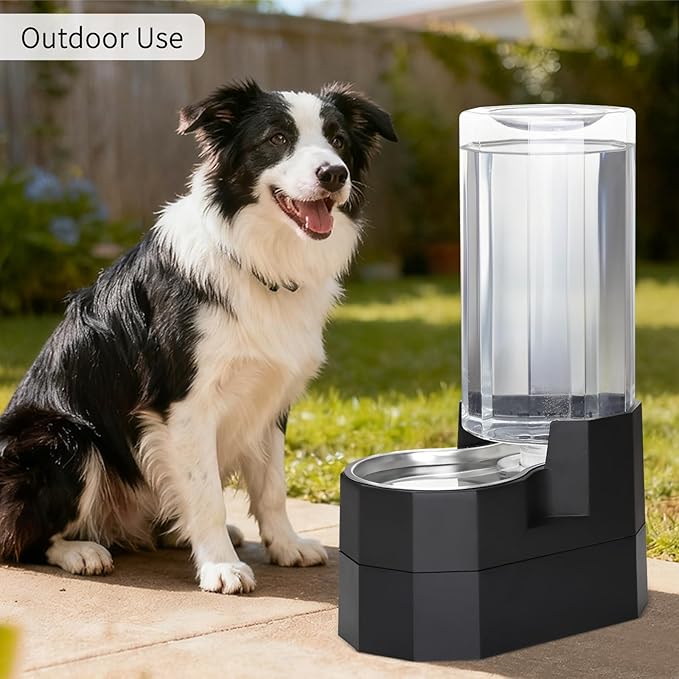 RIZZARI Large Dog Water Dispenser: 9L Raised Gravity Gray Automatic Stainless Steel Waterer with 2 Filters - 100% BPA Free - Pet Feeder for Senior Dogs with Joint Pain in Bedroom Garden