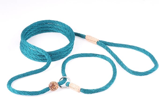 Alvalley Nylon Dog Training Leash with Stopper - Adjustable Nylon Rope Comes with Braided Leather at Ends - Tagua Bead Stopper Slip Lead - Suitable for Walking, and Training