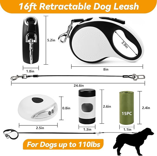 ODRIEW 16ft Retractable Dog Leash for Small Dogs, Medium Dog Leash with Poop Bag Holder, Up to 75lbs, Chew Proof Cable, LED Light, Poop Bags, 360° No-Tangle, One-Handed Brake & Lock. (White, S 16ft)