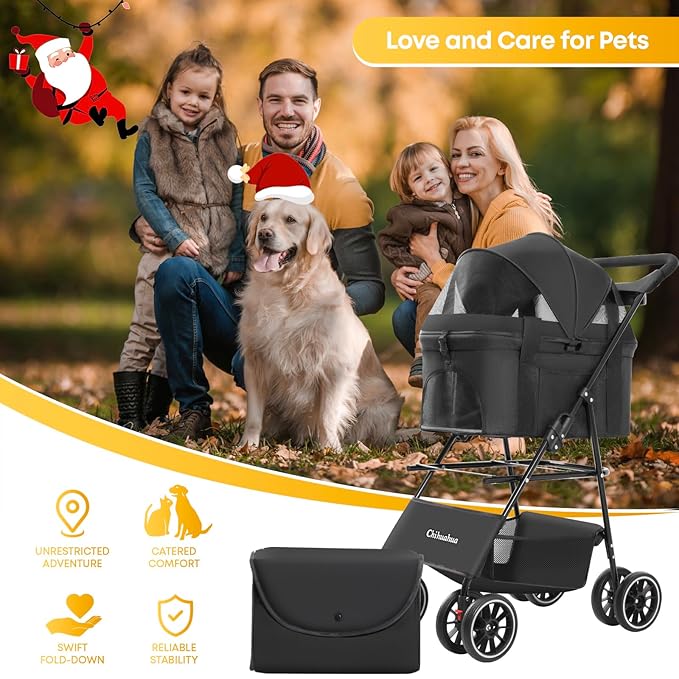 2-in-1 Foldable Pet Stroller with Canopy, 4 Wheels Pet Strolling Cart for Small/Medium Dogs and Cats with Removable Carrier,Breathable Mesh,Mom Tote Bag,Cup Holders,Easy Assembly,Black