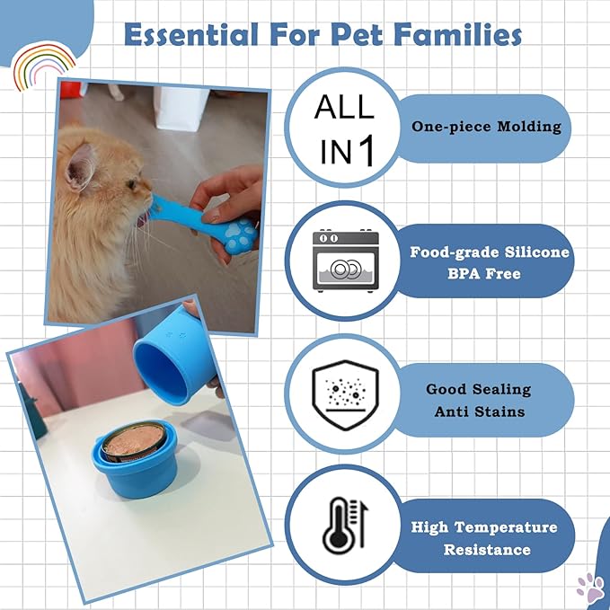 DORUI Original Canned Dog Food Storage Container & One Can Spoon | Silicone Can Cover Pet Food Sealer & Cute Paw Shape Opener Spatula | BPA Free, Airtight, Dishwasher & Freezer Safe (Dark Blue+Blue)