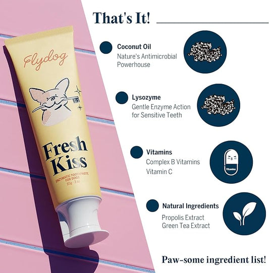 FlyDog Fresh Kiss Dog Tooth Brushing Kit - Vet Approved Formula, Enzymatic Dog Toothpaste and Brush - Breath Freshener & Tartar Remover, 360° Toothbrush & Finger Brush, Dental Guide, Coconut Flavor