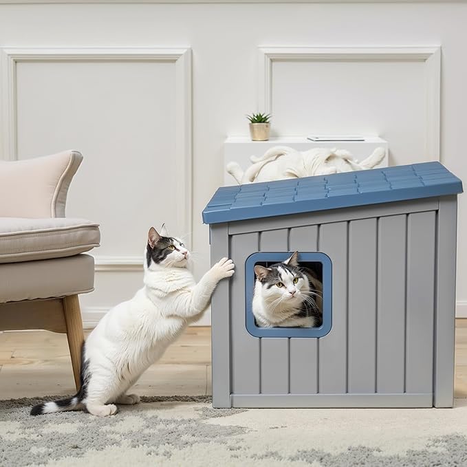 Cat House Outdoor Waterproof,Resin Cat Shelter Feral,Easy to Clean Durable Slanted Top,Cat Bed for Cats and Easy to Assemble (Blue, 24.65 * 21.5 * 22.21in)
