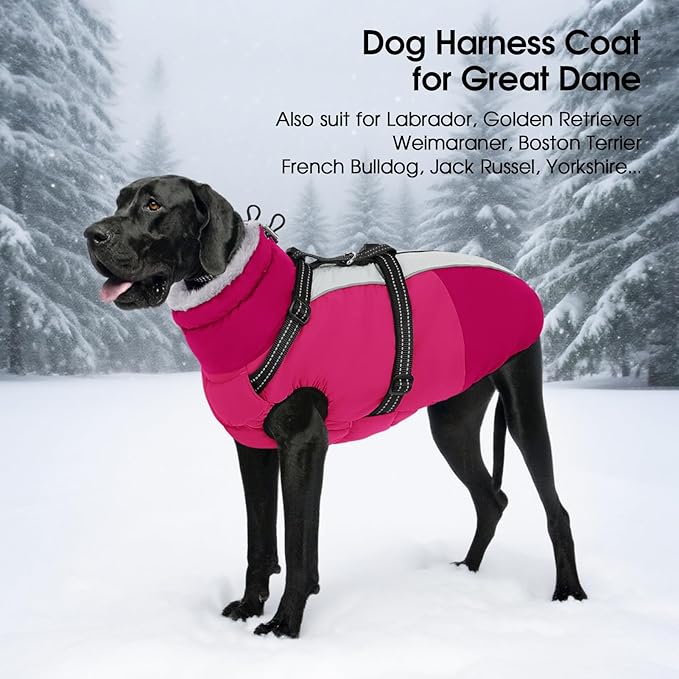 SUNFURA Dog Coat, XXXL Dog Jacket with Harness Built in, Waterproof Pet Winter Coat Snowsuit with Zip, Reflective Fleece Jacket for Extra Large Dogs, Great Dane, Hot Pink 3XL