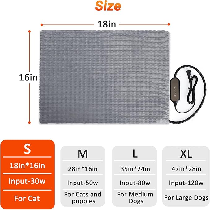 Cat Heating Pad, Waterproof Heated Cat Dog Bed with Adjustable Temperature & Timer, Electric Pet Mat for Indoor Cats Dogs, Chew Resistant Steel Cord(Small: 18"x16" Gray)