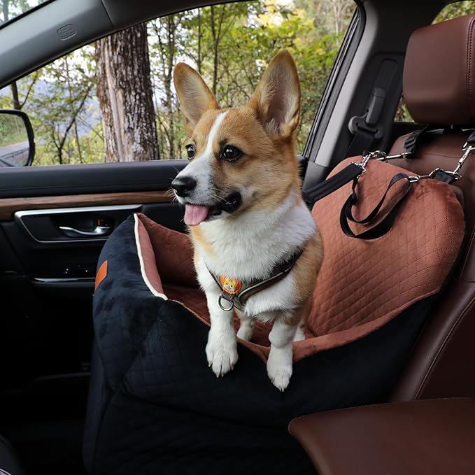 Car Dog Booster Seat,Interior Height 7 Inches Elevated for Small Dog up to 35 lbs,Pet Car Travel Safety Seat with 2 Safety Leashes,Storage Pockets,Non-Slip Bottom(Lookout-Black Outside Brown Inside)
