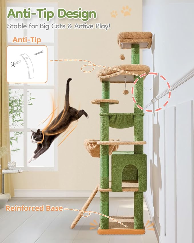 Taoqimiao 72 Inches Cat Tree for Large Cats, Multi-Level Tall Cat Tower, Widened Cat Condo with Large Scratch Board, 5 Scratching Posts, Metal Hammcock, Cozy Basket, Cactus, MS045T